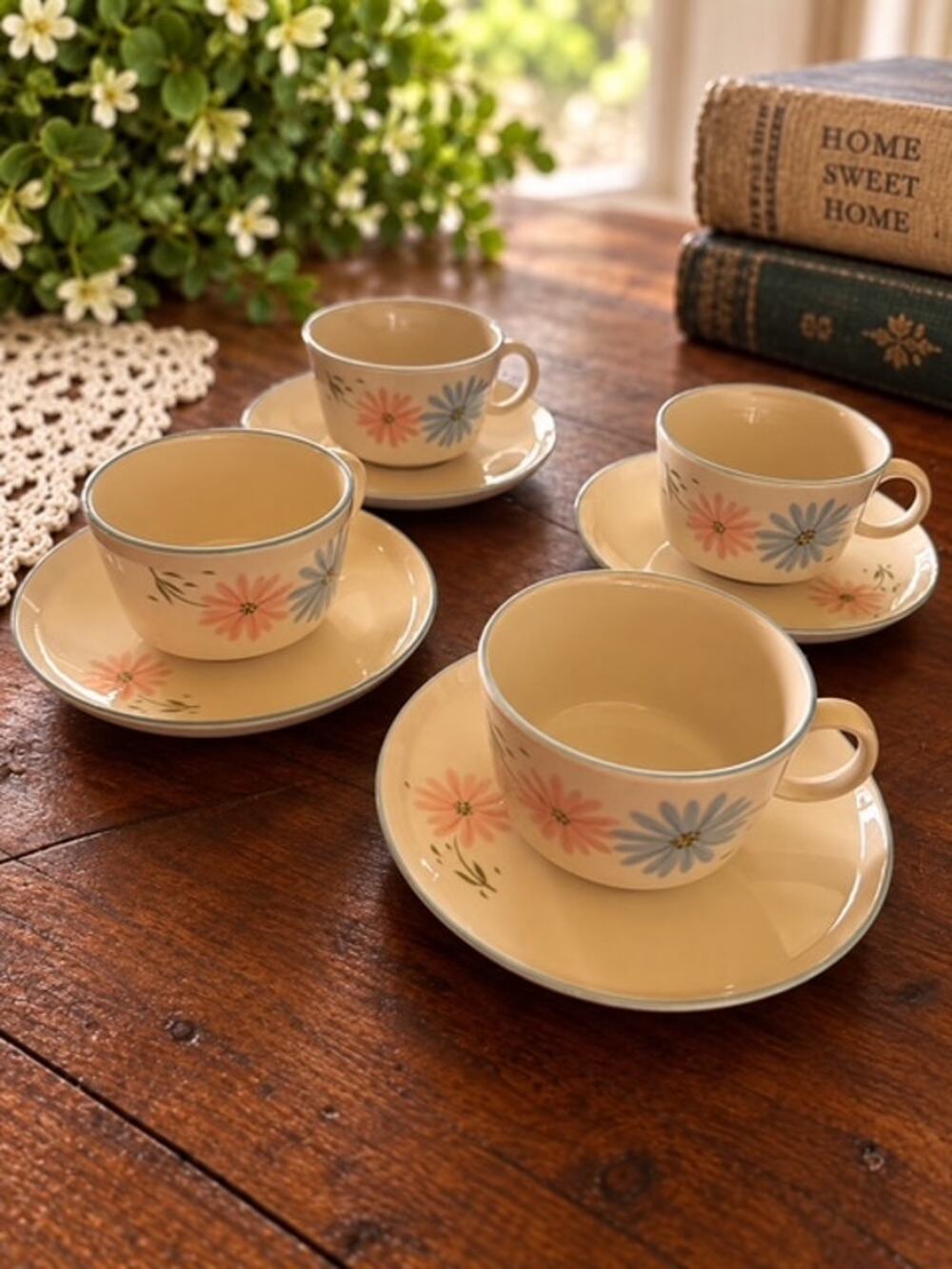 Vintage Franciscan Maytime Cups & Saucers Set of 4 – 1960 Pink Blue Floral China